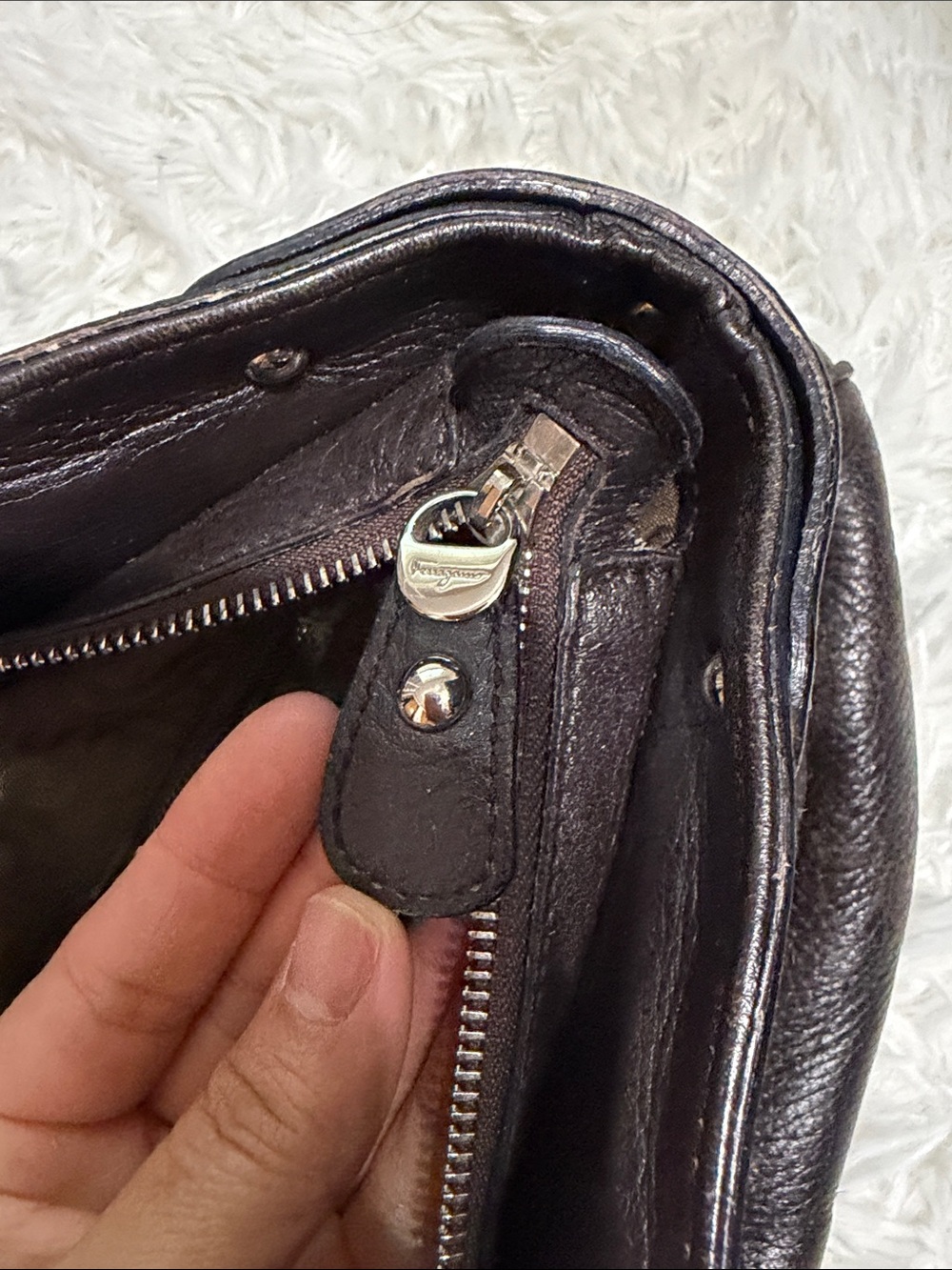 Salvatore Ferragamo Dark Brown Pebbled Leather Shoulder Bag - Picture 8 of 9